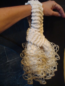 My knitted knot bag, closed over my wrist